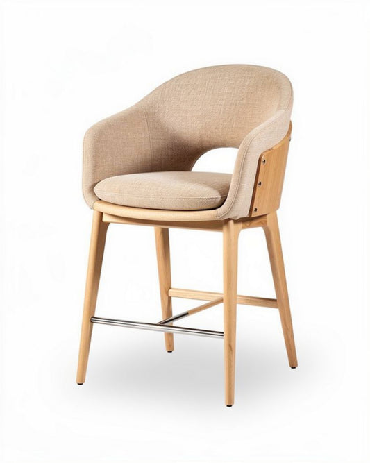 Houten barkruk met stoffering in beige afmetingen 45 x 45 x 90cm