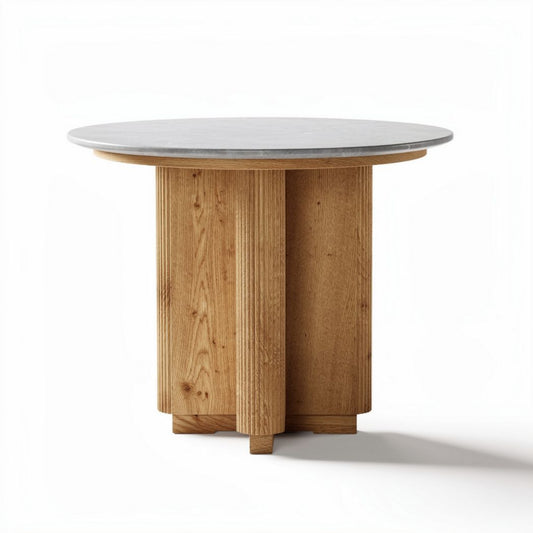 Ronde tafel met een stenen blad en een houten onderstel 80 x 80 x 75cm