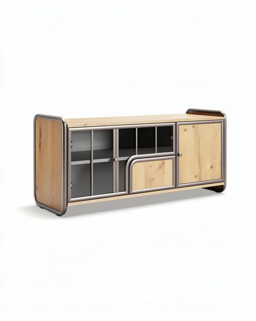 hout en metaal tv-meubel met glazen deuren 120 x 40 x 60cm naturel eik