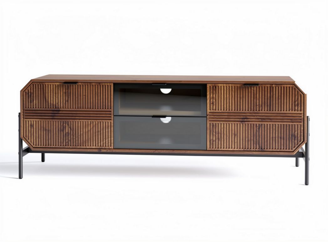 Tv-meubel van hout en glas met lades en een afmeting van 150 x 45 x 60cm