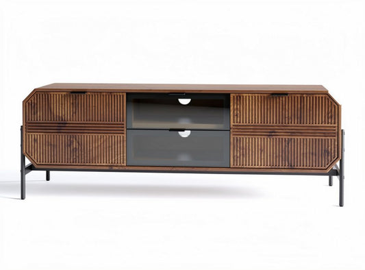 Tv-meubel van hout en glas met lades en een afmeting van 150 x 45 x 60cm