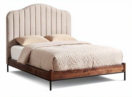 Bed met gestoffeerde hoofdbord en houten frame 200 x 160 x 100cm