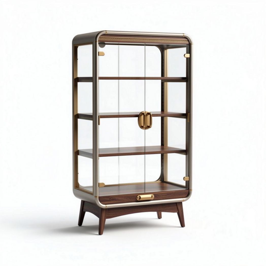 glazen vitrinekast van hout en metaal met gouden accenten 80 x 40 x 160cm