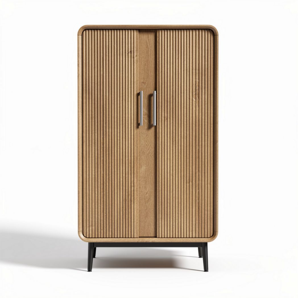 Houten kast met ribbelpanelen en metalen handgrepen 70 x 40 x 120cm