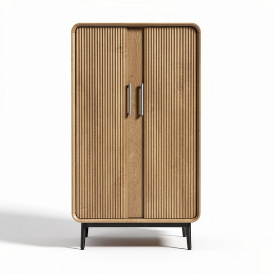 Houten kast met ribbelpanelen en metalen handgrepen 70 x 40 x 120cm