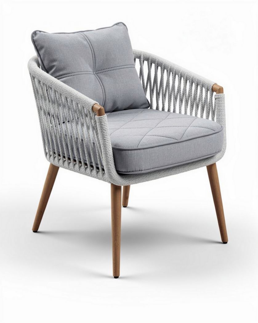 Tuinstoel van rope met grijze kussen en houten poten 70 x 70 x 80cm