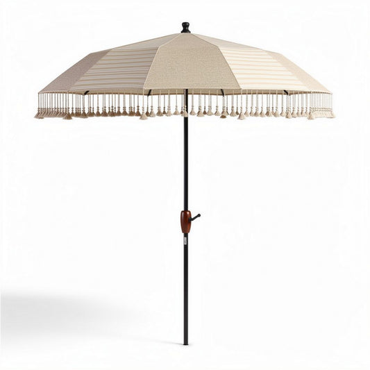 Parasol van polyester met houten handvat en franje 200 x 200 cm beige