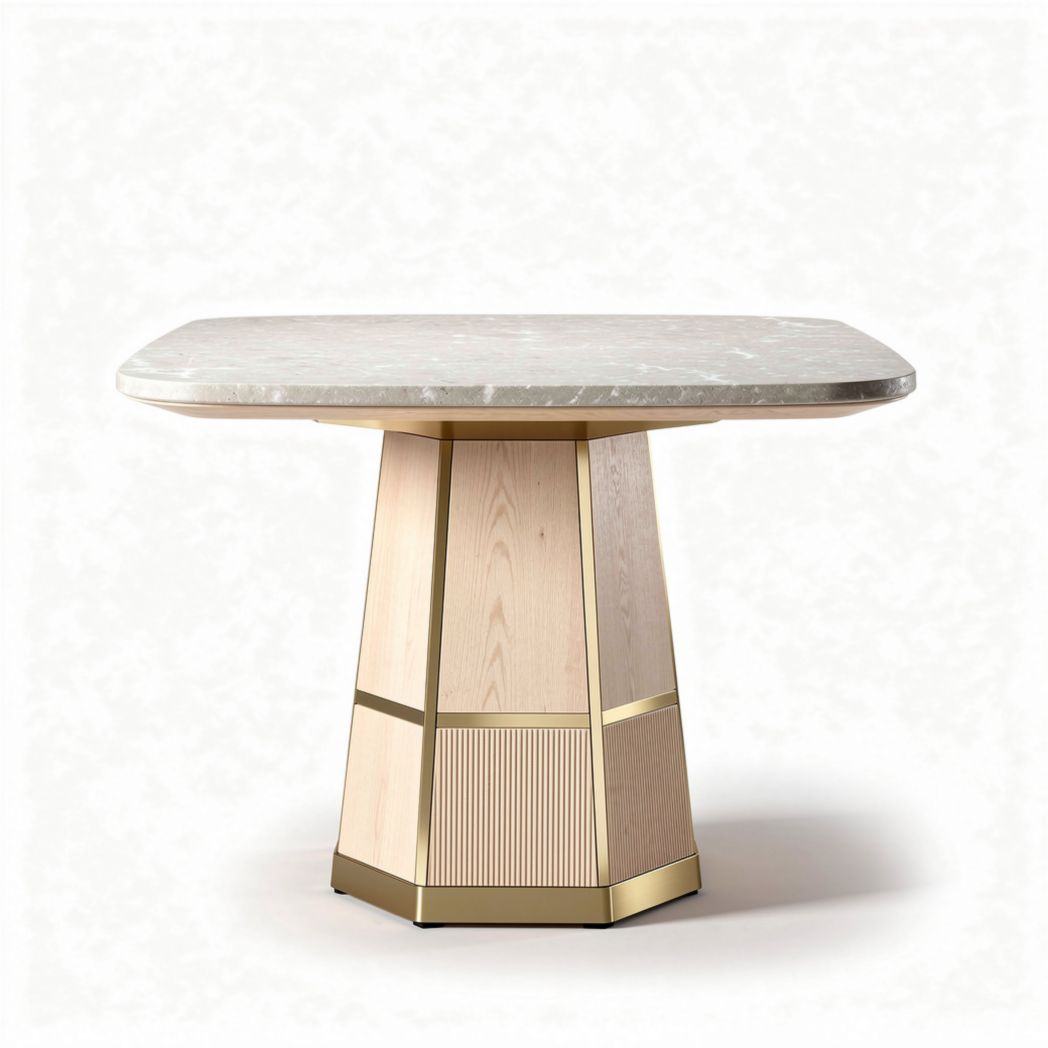 Marmeren tafel met houten voet en gouden details 90 x 90 x 75cm